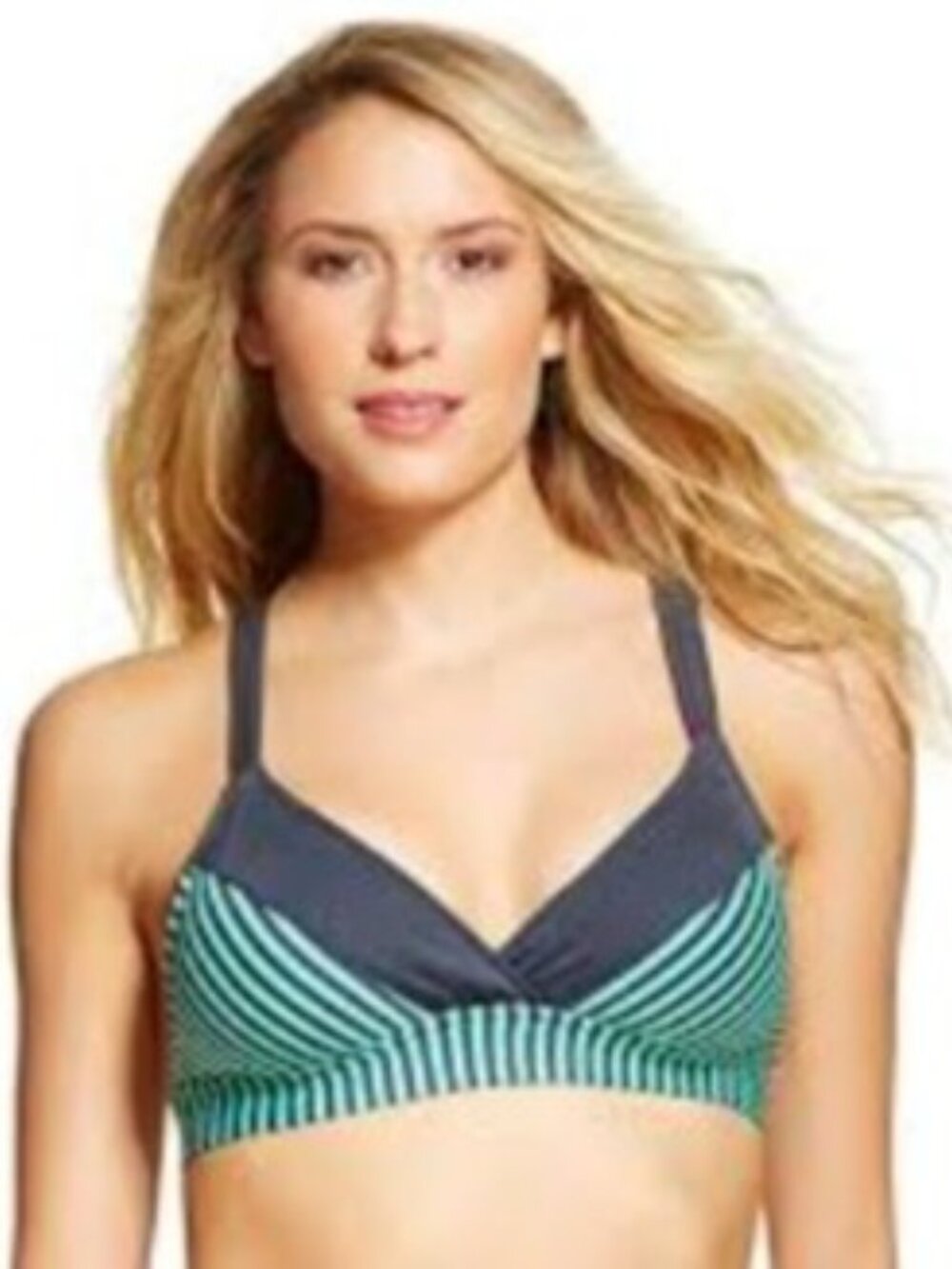 Mossimo Mint Green & Charcoal Grey Striped Crisscross Back Bikini Top Large NWT - Picture 1 of 7